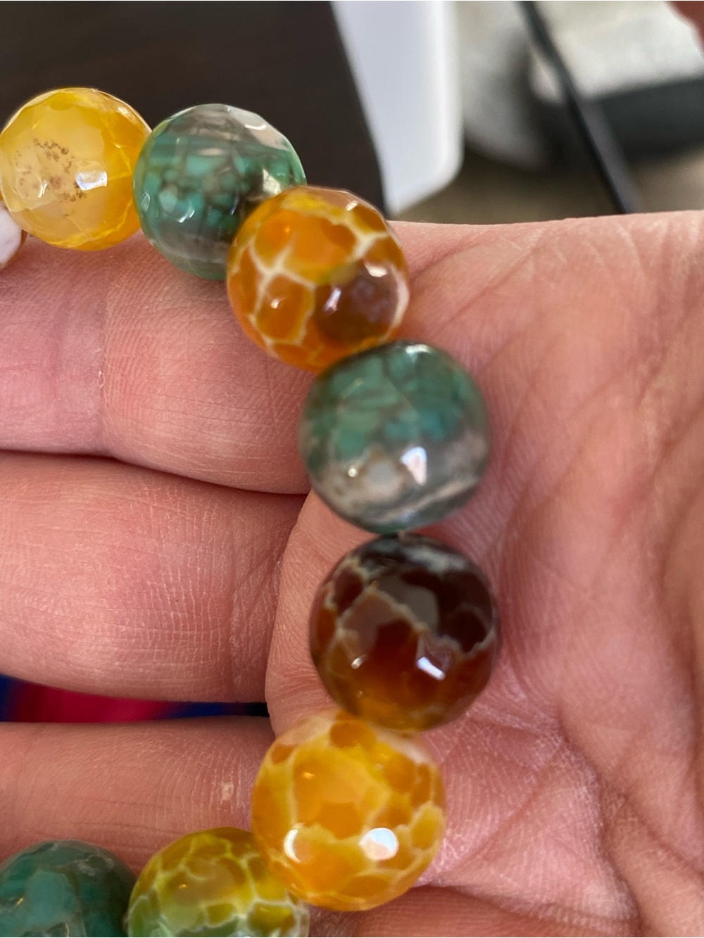 Multicolor Fire/Dragon Vein Agate Beaded Bracelet with a silver 2 side charm - Picture 14 of 17